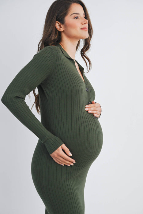 Olive Ribbed Long Sleeve Maternity Collared Midi Dress