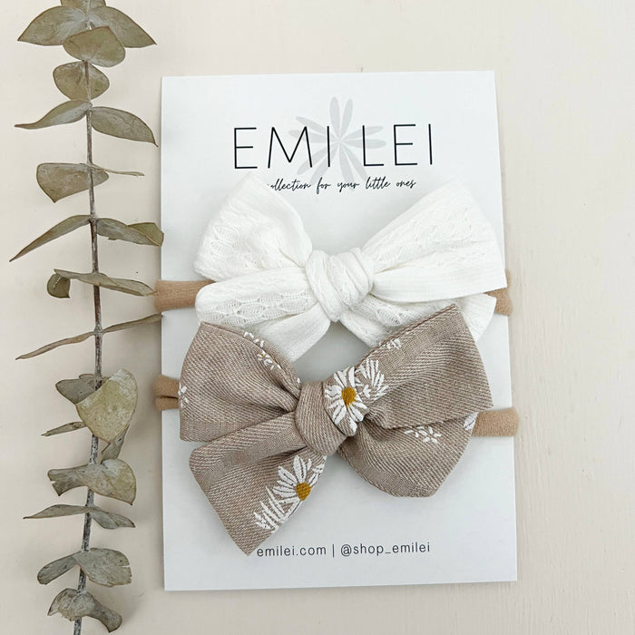 Stitched White/Neu Daisy Nylon Stretchy Bow Headband Set