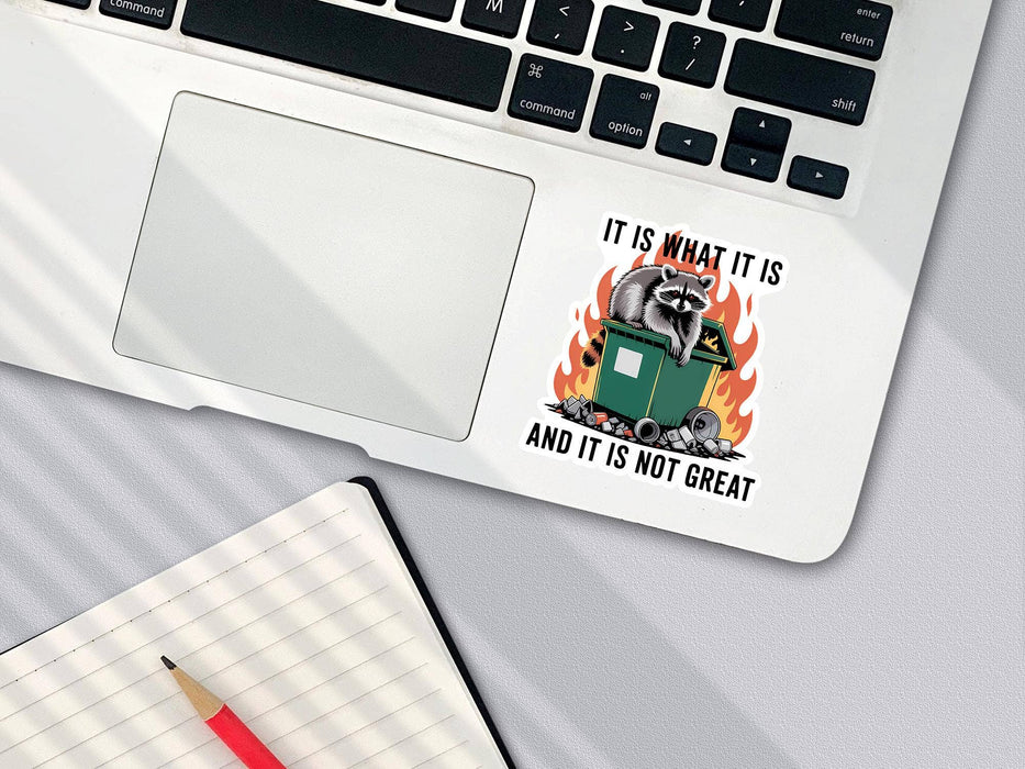 It Is What It Is, and It Is Not Great Dumpster Fire Sticker: Funny Racoon Decal