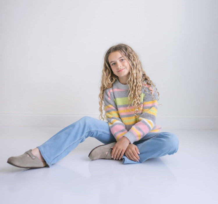 Girls Harper Stripe Fuzzy Crew Neck Fall Winter Sweater