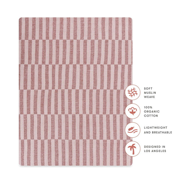 T30433,Babyletto,Maroon Stripe Muslin All-Stages Midi Crib Sheet in GOTS Certified Organic Cotton