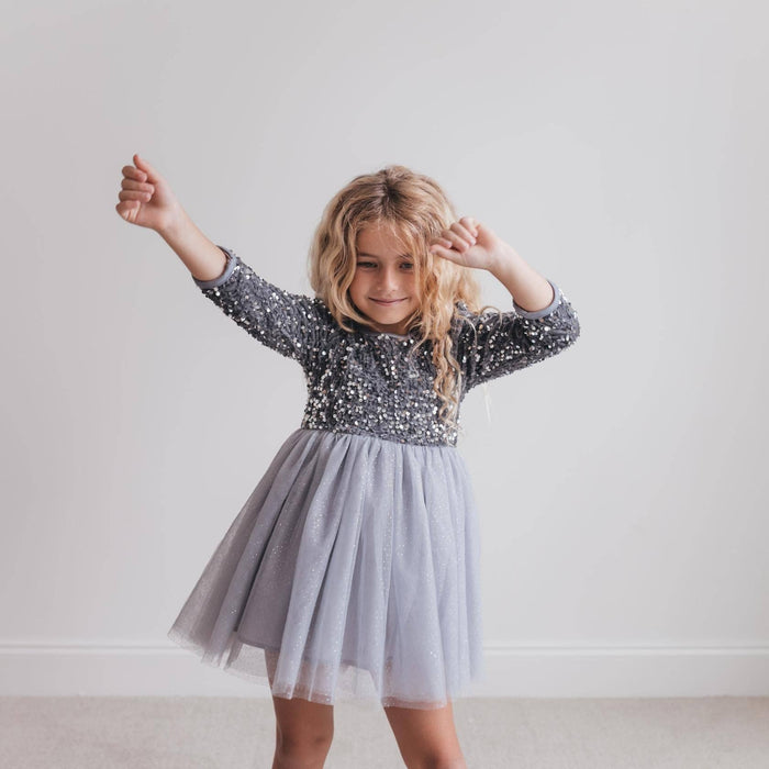 Kids Sequin Silver Fancy Sparkle Tulle Holiday Party Dress