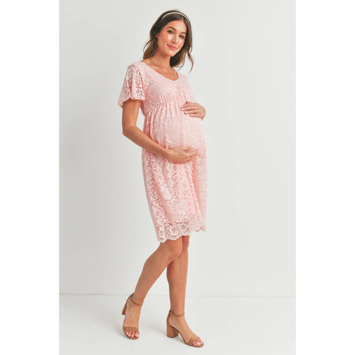 Pink V-Neck Lace Short Sleeve Maternity Dress