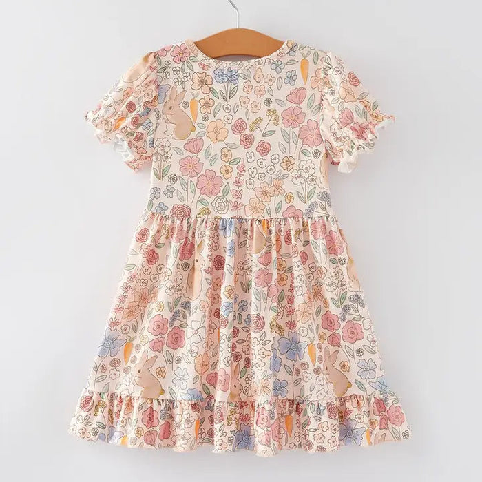 Easter Bunny Floral Puff Sleeves Girls Dress