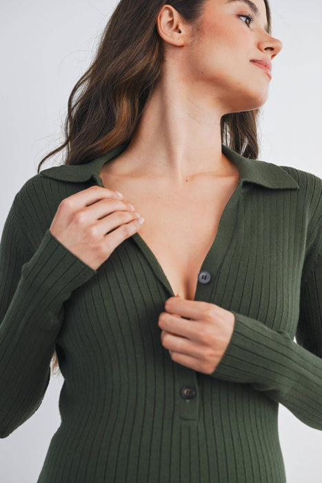 Olive Ribbed Long Sleeve Maternity Collared Midi Dress