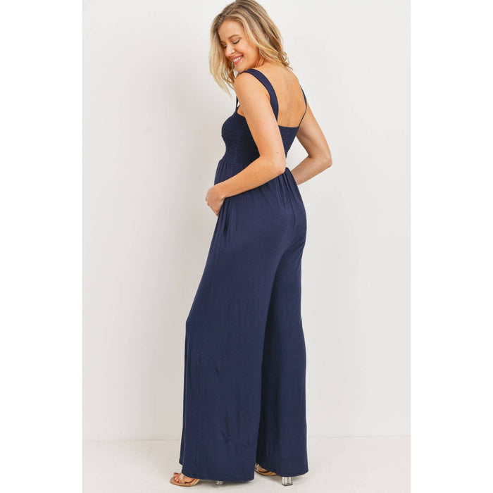 Navy Sleeveless Smocked Maternity Wideleg Jumpsuit