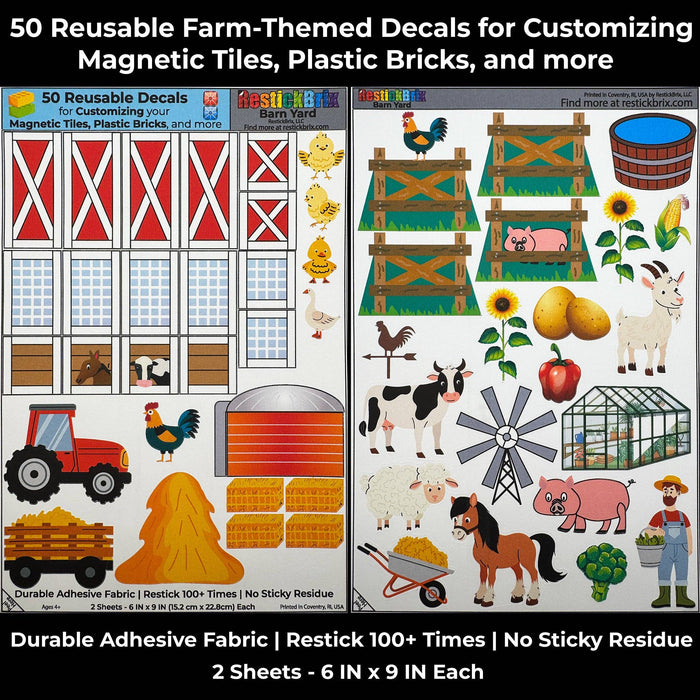 Barn Yard: Reusable Decals for Customizing Magnetic Tiles, Plastic Bricks, and more