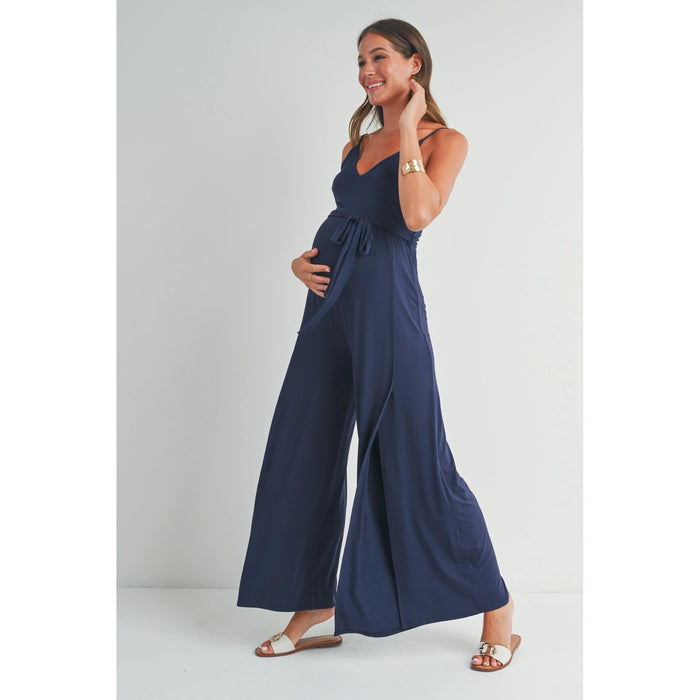 Navy Sleeveless V-Neck Split Hem Maternity Jumpsuit