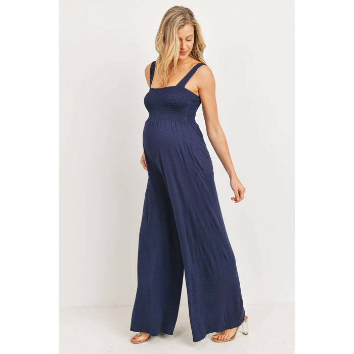 Navy Sleeveless Smocked Maternity Wideleg Jumpsuit