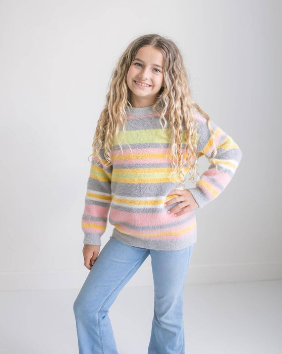 Girls Harper Stripe Fuzzy Crew Neck Fall Winter Sweater