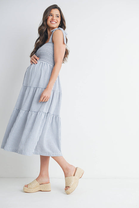 Chambray Striped Ruffle Tiered Maternity Midi Dress