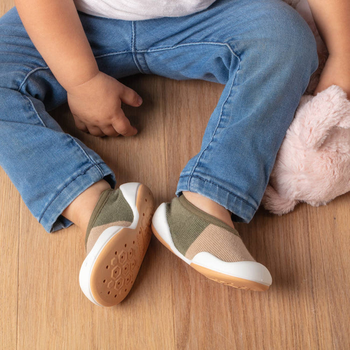 Beige & Olive Color Block Baby Crib Shoes