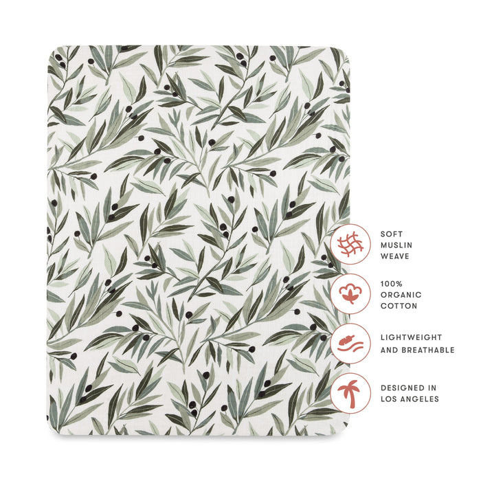 T28233,Babyletto,Olive Branches Muslin All-Stages Midi Crib Sheet in GOTS Certified Organic Cotton