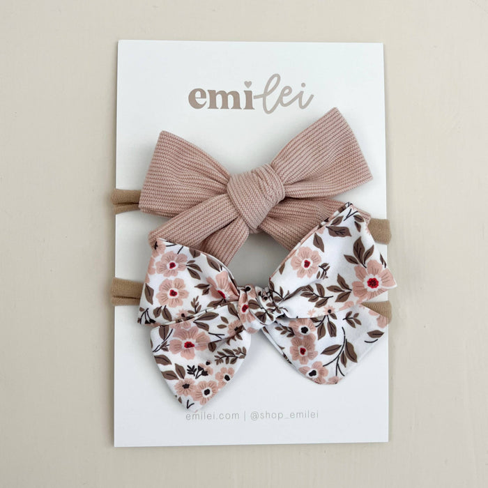 Blush Floral/Blush Cord Nylon Stretchy Bow Headband Set