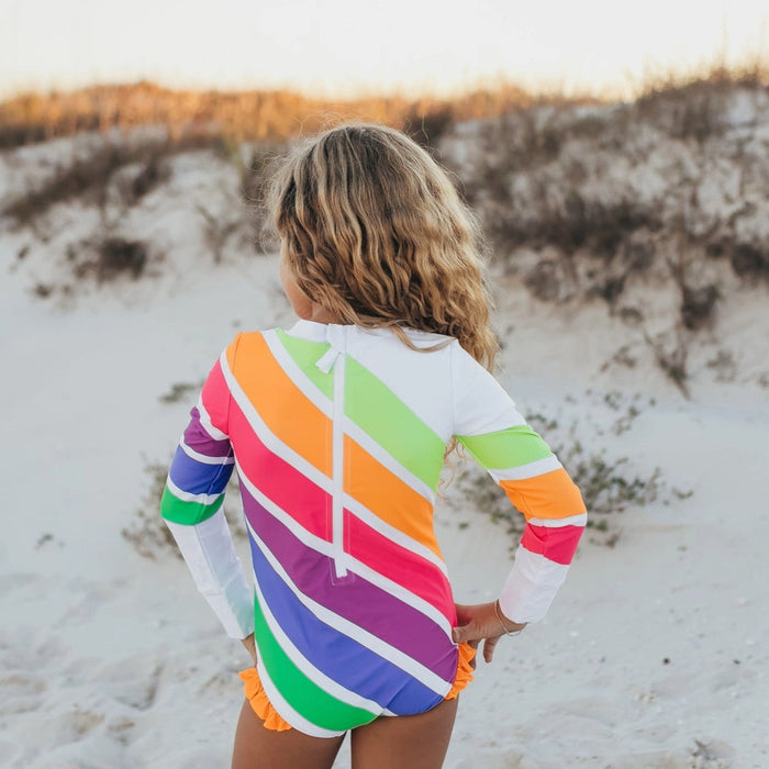 Neon Stripe Long Sleeve Rash Guard Swimsuit