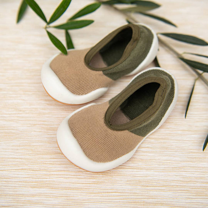Beige & Olive Color Block Baby Crib Shoes