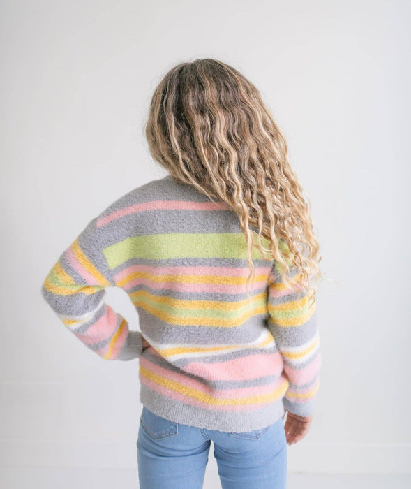 Girls Harper Stripe Fuzzy Crew Neck Fall Winter Sweater