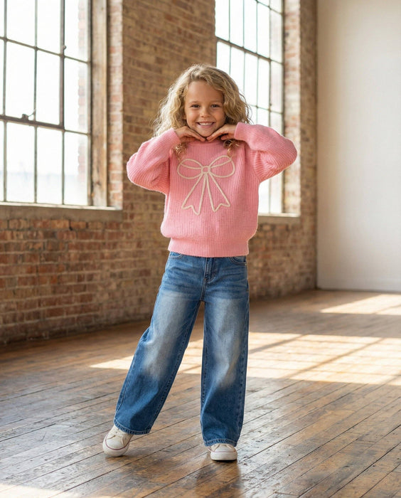 Girls Molly Pink Cable Knit Bow Fall Winter Sweater