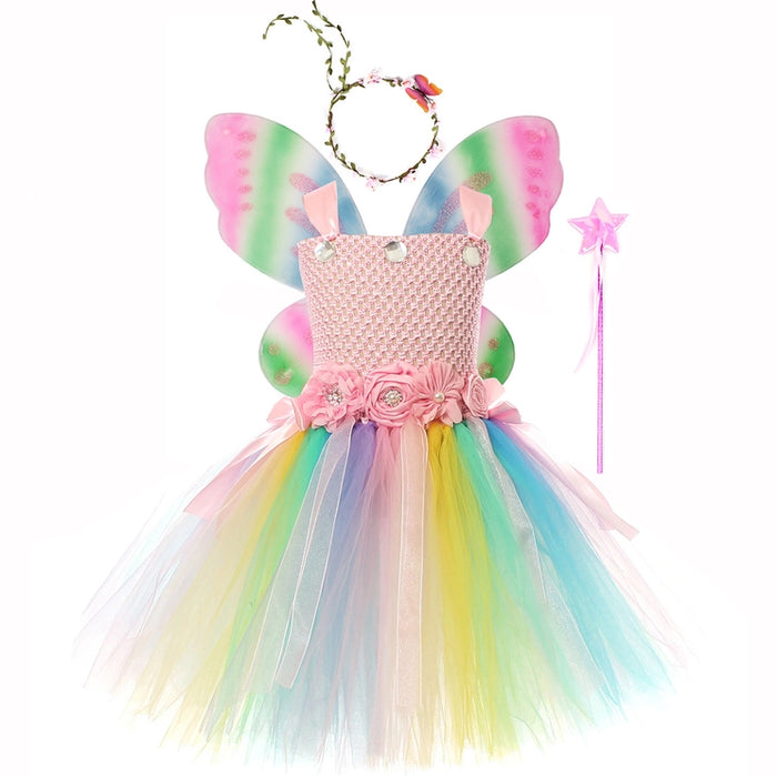 Pink Butterfly Mesh Dress with Flower Crown