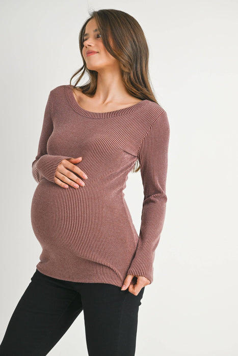 Red Brown Scoop Neck Ribbed Long Sleeve Maternity Top