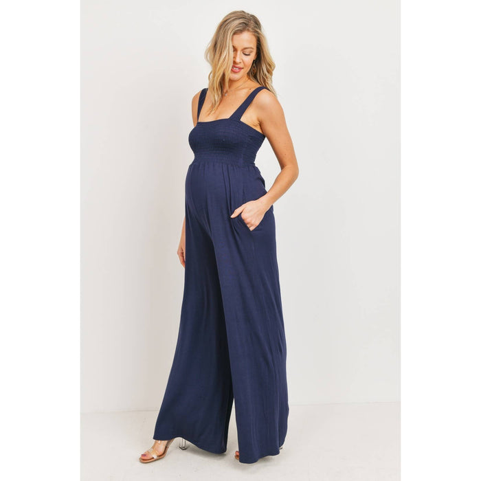 Navy Sleeveless Smocked Maternity Wideleg Jumpsuit