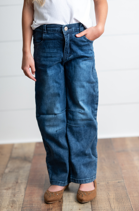 Kids Dark Wash Denim Horse Shoe Wide Leg Fall Winter Jeans