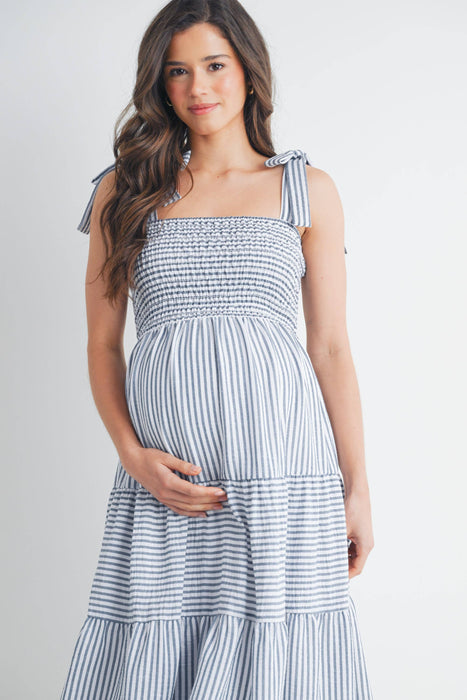 Chambray Striped Ruffle Tiered Maternity Midi Dress