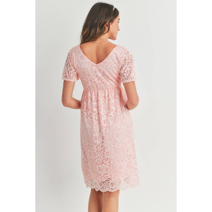 Pink V-Neck Lace Short Sleeve Maternity Dress