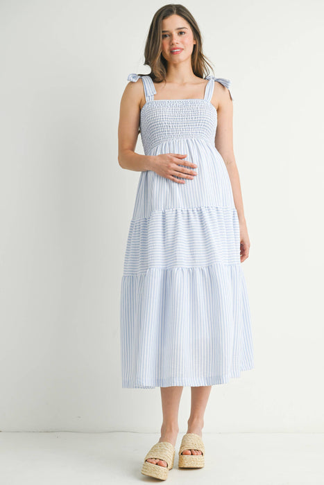Chambray Striped Ruffle Tiered Maternity Midi Dress