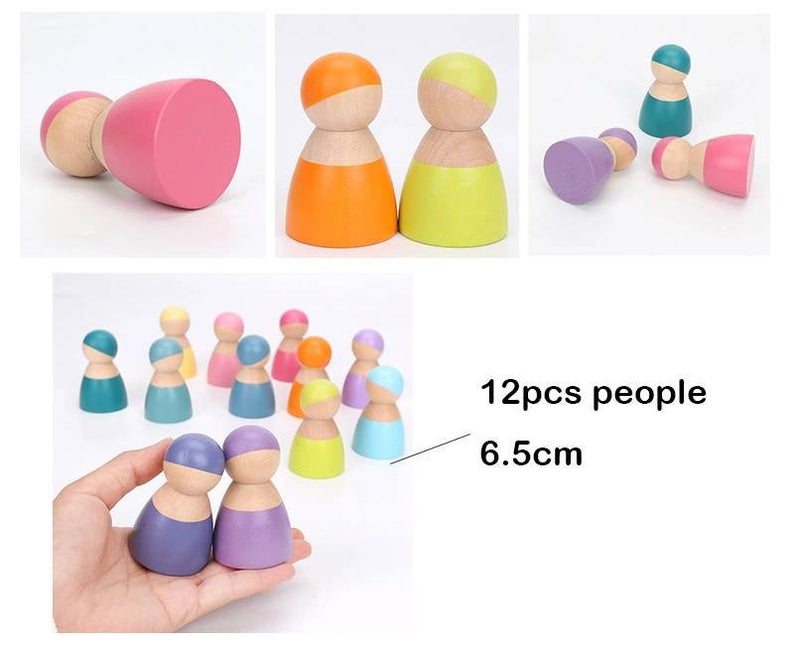 12-Piece Wooden Peg Dolls – Pastel/Macaron Colors
