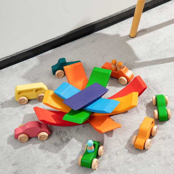 7 Pcs Colored Wooden Rainbow Cars Set with 3 Peg Dolls