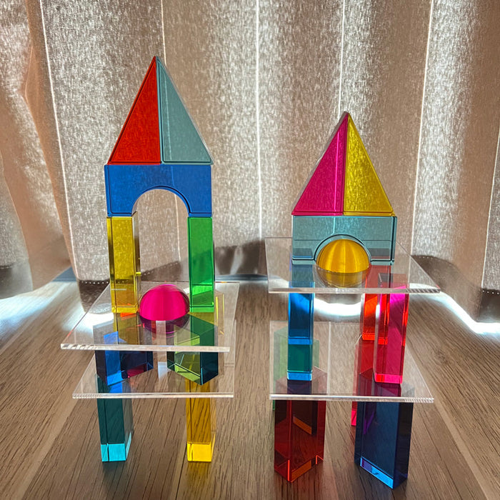 28 Pcs Rainbow Translucent Acrylic Sensory Building Blocks with Storage Tray