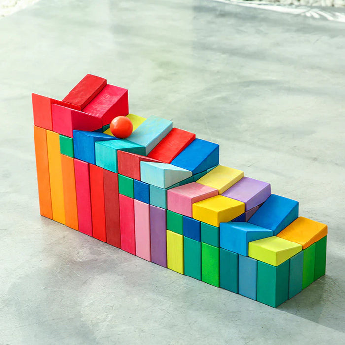 **Pre-order (Ships in 2-3 Weeks)**30 Pcs Stained Wooden Sloping Blocks – Primary Rainbow Colors with Storage Tray