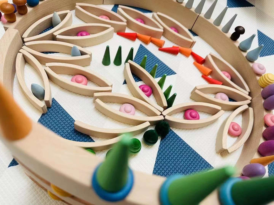 42-Piece Combination Set – 12 Large & 30 Mini Curved Natural Wooden Building Blocks