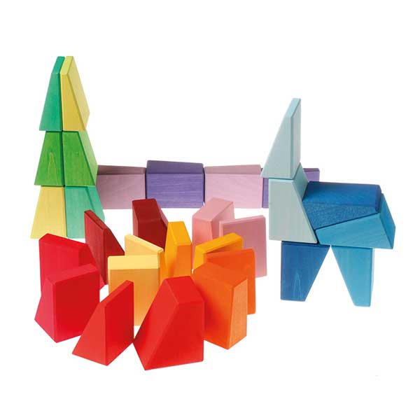 **Pre-order (Ships in 2-3 Weeks)**30 Pcs Stained Wooden Sloping Blocks – Primary Rainbow Colors with Storage Tray