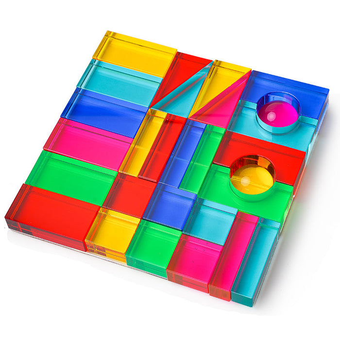 28 Pcs Rainbow Translucent Acrylic Sensory Building Blocks with Storage Tray