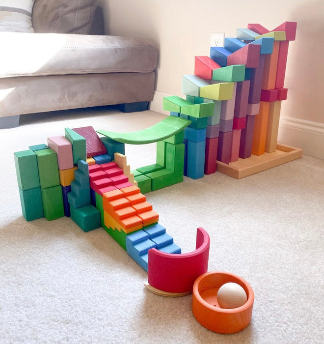 12-Piece Stained Stepped Roof Building Block Set — Primary Rainbow Colors