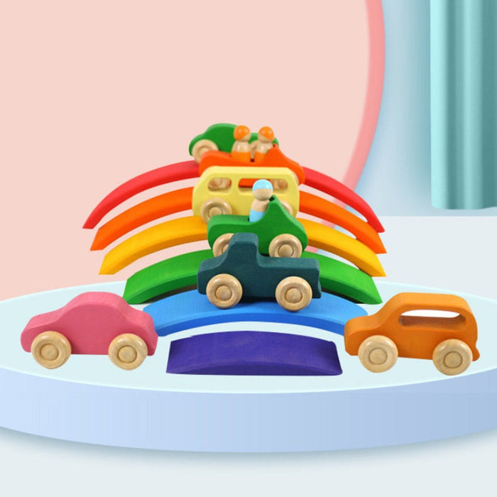 7 Pcs Colored Wooden Rainbow Cars Set with 3 Peg Dolls