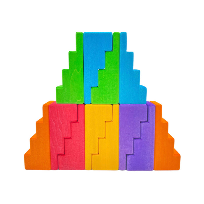 12-Piece Stained Stepped Roof Building Block Set — Primary Rainbow Colors