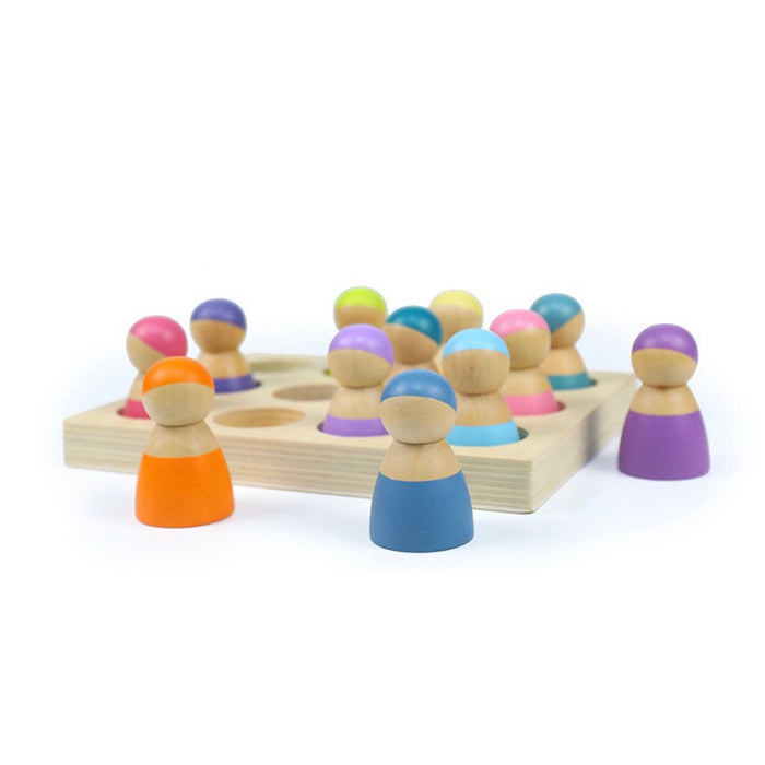 12-Piece Pastel Rainbow Peg Doll People with Sorting Tray – Macaron Colors