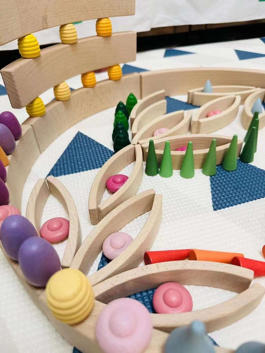 42-Piece Combination Set – 12 Large & 30 Mini Curved Natural Wooden Building Blocks