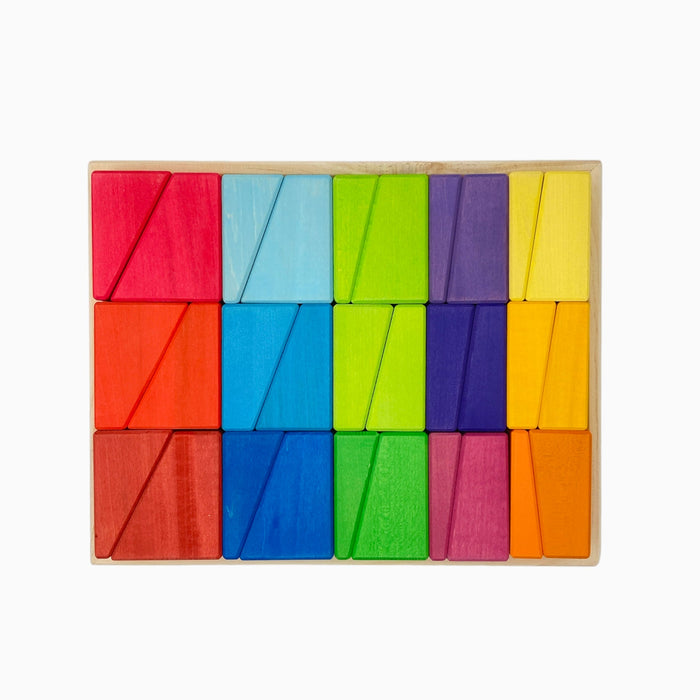 **Pre-order (Ships in 2-3 Weeks)**30 Pcs Stained Wooden Sloping Blocks – Primary Rainbow Colors with Storage Tray