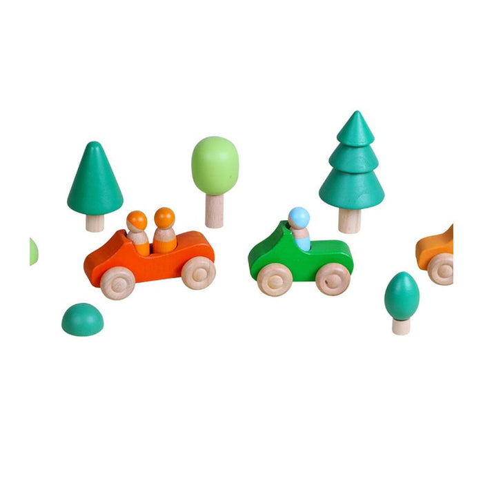 7 Pcs Colored Wooden Rainbow Cars Set with 3 Peg Dolls