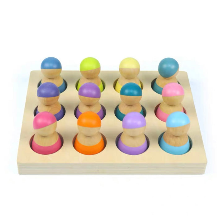 12-Piece Pastel Rainbow Peg Doll People with Sorting Tray – Macaron Colors