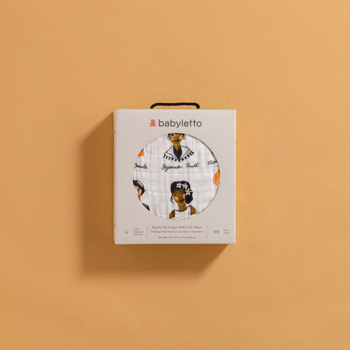 T28433,Babyletto,Women In History Muslin All-Stages Midi Crib Sheet in GOTS Certified Organic Cotton