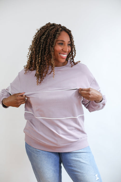 Relaxed Fit Invisible Zipper Breastfeeding Sweatshirt with Piping - Nature Baby Outfitter