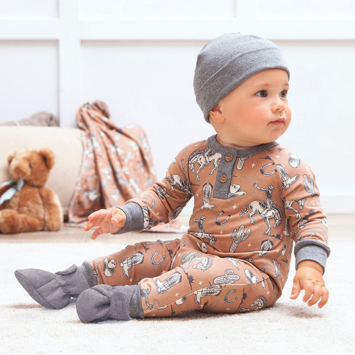 Wild Wrangler/Brown Western Bamboo Henley Romper for Babies - Nature Baby Outfitter