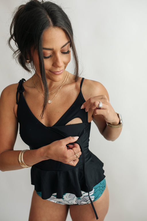 Tie Shoulder Breastfeeding Peplum Tankini Swimsuit Top - Nature Baby Outfitter