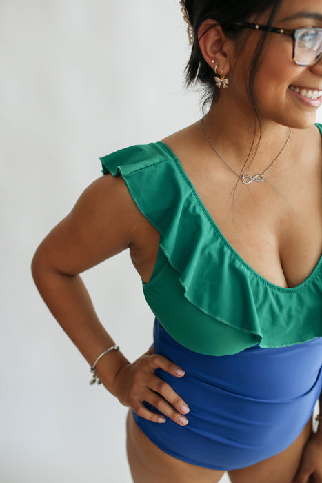 FINAL SALE Lace Up Ruffle Neck One Piece Breastfeeding Swimsuit - Blue/Green - Nature Baby Outfitter