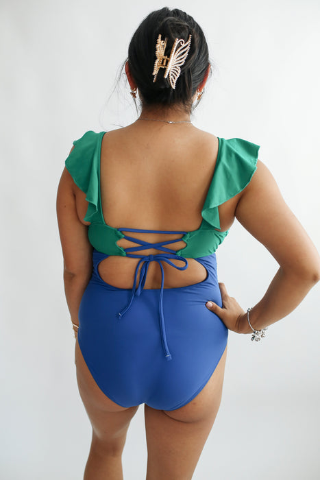 FINAL SALE Lace Up Ruffle Neck One Piece Breastfeeding Swimsuit - Blue/Green - Nature Baby Outfitter